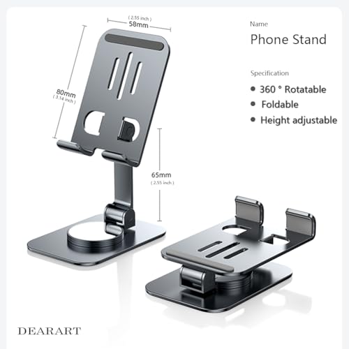 Image of DEARART Cell Phone Stand, 360 Adjustable Phone Stand for Desk, Foldable Phone Holder Fully Carried Easily, Grey (Square Base)