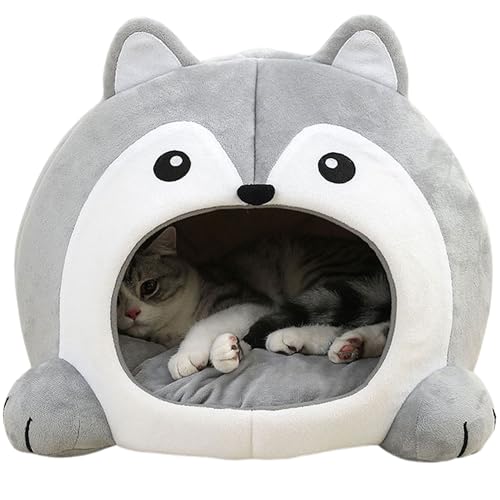 TATZIO Katzenhöhle grau – mit Kissen, waschbares & isoliertes Katzenbett rutschfestes Katzenhaus & Schlafplatz für Katzen & kleine Hunde...