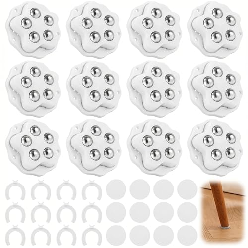 Vuxava ruedas para muebles pesados –12 unidades con 5 bolas cada una, capacidad 300 KG, ruedas giratorias 360°, autoadhesivas y con tornillos,para electrodomésticos, plantas, maletas, cajones (Blanco)