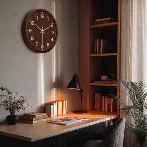 Image of STAR WORK Silent Non-Ticking Wall Clock 12 inch Inch Analog Clock & LCD Display | Calendar Date, Day, Temperature, Operated Decorative Clock for Living Room, Kitchen, Bedroom,Office (Wooden Gold)