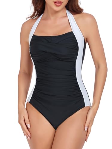 Image of Smismivo Tummy Control Swimwear Halter One Piece Slimming Vintage Retro Swimsuit Womens Ruched Push Up Bathing Suit
