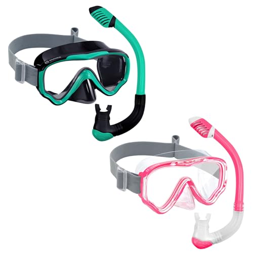 Vvinca Juego de 2 equipos de esnórquel para niños, niñas, jóvenes, jóvenes, niños de 4 a 14 años, gafas de natación con cubierta para la nariz, visión panorámica antivaho, máscara de buceo elástica
