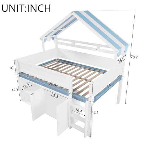 Image of Full Size House Loft Bed with Canopy Roof and Storage, Perfect for Kids' Bedroom, Sleepovers & Organized Living (White+Blue)