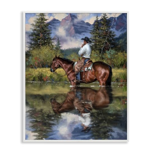 Cowboy River Forest Scouting Scene, 16 x 20 Inch Framed Giclée Print