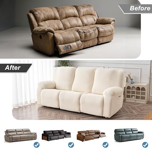 Image of Genina Recliner Sofa Cover Stretch Couch Covers, Sofa Slipcover for Reclining Couch Thick Jacquard Furniture Protector Washable (Beige, 3 Seat)