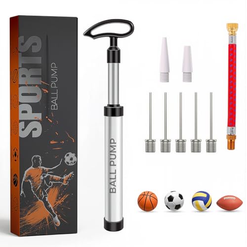 Active 100 Portable Ball Pump with Needle - Hand Pump with Nozzle & Extension Hose for Football Basketball Volleyball Durable Aluminium-alloy Tube Ergonomic Design Fast Air Inflator (Silver)