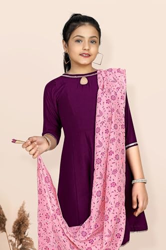 Image of Fashion Dream Girl's Chinnon Fabric Kurta Pant And Dupatta Set (Wine 5-6 Year)
