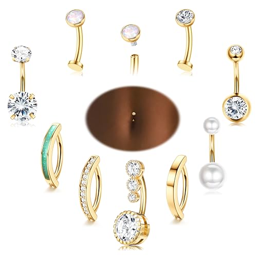 LOLIAS 14K Gold Plated Belly Button Rings Surgical Stainless Steel Belly Rings CZ Clicker Belly Button Piercings for Women Navel Piercings Pack,14K Gold Plated