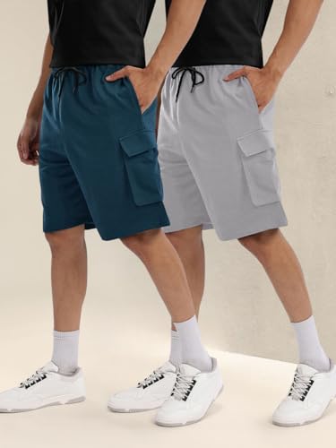 Image of Pinkmint Cargo Shorts for Men Pack of 2 Cotton Lycra Training Gym Shorts for Men Casual Workout Lightweight Summer Shorts with Dual Side Pockets Half Pant for Running, Gym, Walking, Travel