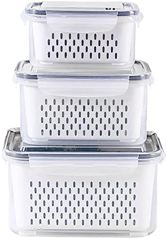 Ronanemon 3Pack Fridge Food Storage Container Set with Lids with Strainer,Plastic Fresh Produce Saver Vegetable Fruit Meat Storage Organization, BPA-Free Plastic Produce Keepers(3.15L+1.7L+0.8L)