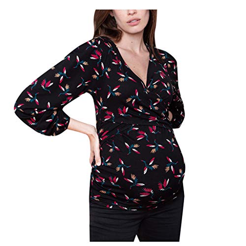 YHEGHT Blusa feminina grávida nusring maternidade gola V manga longa babados estampada tops bebê bar