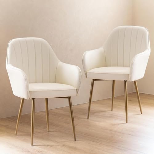 Image of Set of 2 Accent Chair for Living Room | Modern Armchair in Soft Velvet Fabric with Sturdy Legs | Premium Chair for Home Living Room Bedroom Restaurent | (Gold Legs, White)