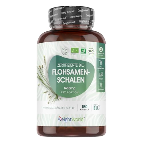 Bio Flohsamenschalen 1400mg pro Portion - 180 vegane Kapseln - 3 Monate Vorrat - Psyllium Husk - Glutenfrei & Ohne Gentechnik - Zertifiziertes Bio Flohsamenschalenpulver von WeightWorld Bio Flohsamenschalen 1400mg pro Portion - 180 vegane Kapseln - 3 Monate Vorrat - Psyllium Husk - Glutenfrei & Ohne Gentechnik - Zertifiziertes Bio Flohsamenschalenpulver von WeightWorld