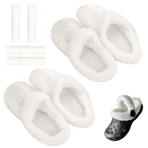 2 Paar Kompatibel mit Crocs mit Fell Damen Schuhe Warm Liner Clogs Liner Kompatibel mit Crocs Fell Abnehmbar Leicht zu Reinigen mit 2 Abdeckung Schnürsenkel Innenlänge der Einlegesohle 24cm (Weiß)
