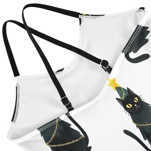 Black Cats Christmas Trees Girls One Piece Swimsuit, Beach Swim Suits Kids 3-10 Y with Adjustable Shoulder Strap, 3-10 Y4
