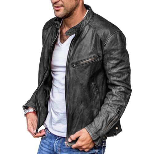 Mens Pu Leather Jacket Vintage Stand Collar Slim Motorcycle Coat Casual Fashion Cafe Racer Jacket