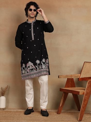 Image of Amazon Brand - Tavasya Men Printed Kurta with Ethnic Motif Border | Special Haldi Kurta | Festive Embellished Long Kurta | Embroidery Kurta | Ethnic Wear | Mandarin Collar | Knee Length