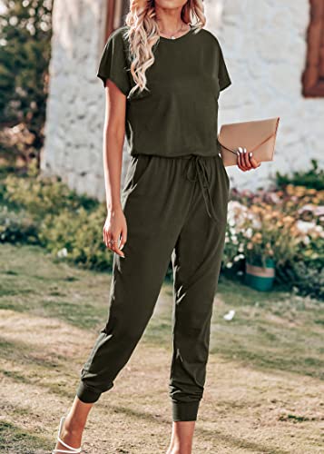 Kirundo 2023 Women's Casual Summer Jumpsuits Short Sleeve Crewneck Drawstring Elastic Waist Jumpsuit Romper With Pockets(Army Green, Medium) #TOP1