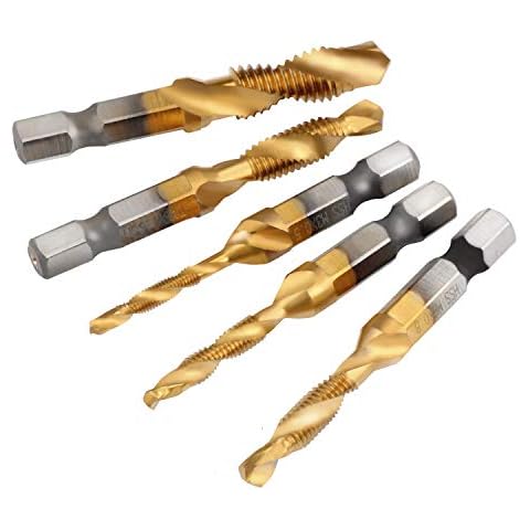 QUANHAO 6pcs HSS Countersink Tap Drill Bit Set, Combination Hex Shank Titanium Screw Thread Metric Tap Drill for Wood Plastic Aluminum Copper, NOT for Hard Metal/Iron Casting (M3-M10) (Golden) Cover