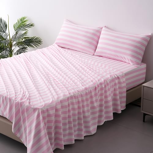 Bed Sheet Set 4 Piece -Full Size-Soft Durable Microfiber Bedding Sheet Set,Deep Pocket,Stain,Fade & Wrinkle Resistant Green and White Pinstripe (Stripe Pink&White)