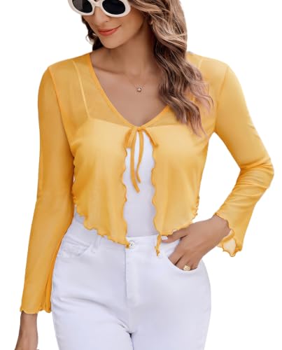 Image of Avidlove Womens Sheer Shrug Tie Front Long Bell Sleeve Mesh Bolero Lightweight Summer Casual Short Shawl Top