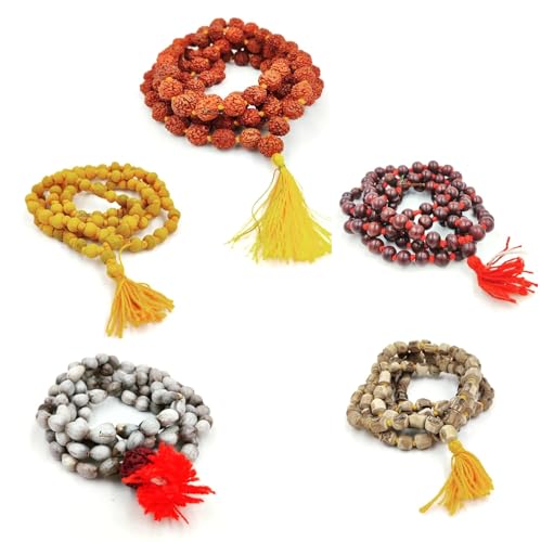 Unisex Adult Natural Jaap Japa Mala 108+1 Beads Combo of Vaijayanti/Lal Chandan/Tulsi/Haldi and (Rudraksha)