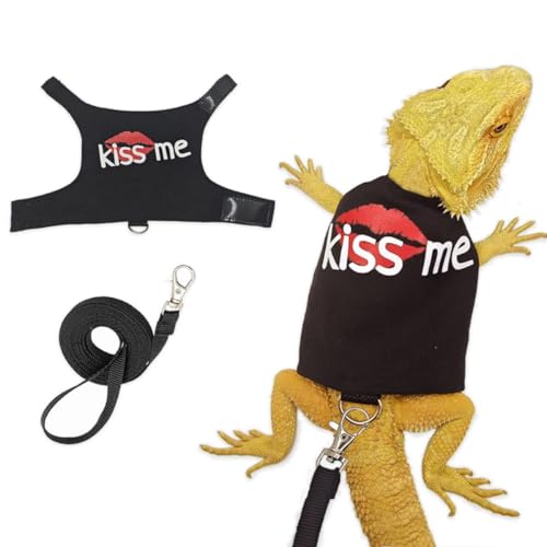 Image of Bearded Dragon Harness and Leash Set - Cute Lizard Reptile Small Animal Adjustable Harness Clothes with Short Leash for Walking Outdoor (Black)