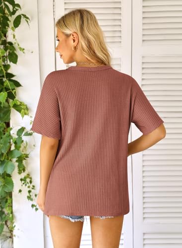 MIHOLL Womens Loose Blouse Short Sleeve V Neck Button Down T Shirts Tie Front Knot Casual Tops (XX-Large, Red)