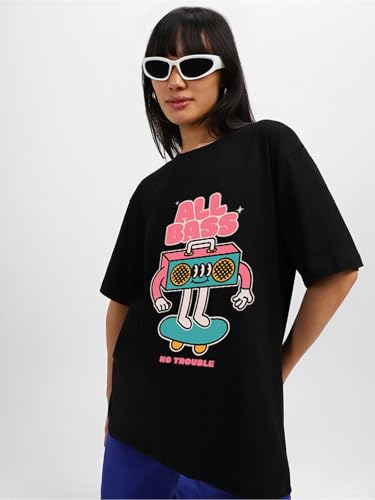 Image of JUNEBERRY 100% Pure Cotton Oversized Loose Fit Half Sleeve Cool Front Chest Graphic Printed Round Neck Drop Shoulder T-Shirt for Women S to 2XL