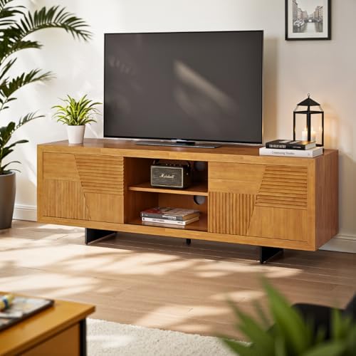Image of Bme Trapeze TV Stand for Living Room - Wooden Media Console with Storage, Metal Legs, Large Teak Brown TV Stand for Stylish Home Entertainment Setup