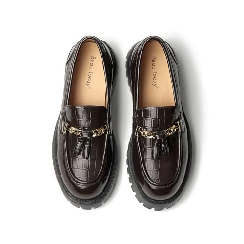 Image of BEAU TODAY Chunky Loafers for Women,Womens Platform Loafer Shoes,Chunky Heel Lug Sole Slip-on Metal Chain Shoes,Comfort Round Toe Business Work Office Shoes