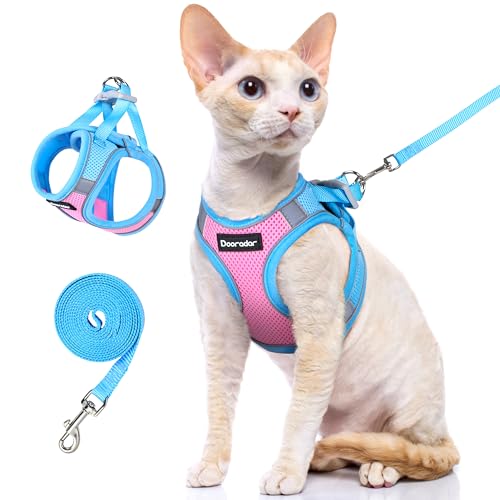 Dooradar Cat Harness and Leash Set, Escape Proof Lightweight Kitten Harness, Soft Breathable Reflective Vest for Outdoor Walking Traveling, Adjustable for Small Cats, Pink & Blue, S