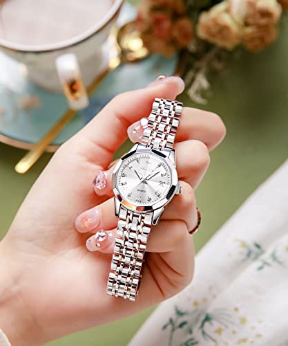 Image of OLEVS Women Watch Silver Stainless Steel Two Tone Fashion Ladies Analog Quartz Waterproof Luminous Date Day Wrist Watches