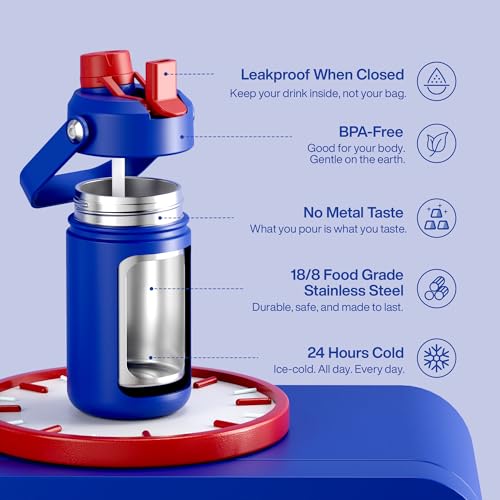 Image of Kids Insulated Water Bottle with Straw - 12oz Stainless Steel Water Bottle with Dual Spouts, Leak-Proof, BPA-Free, Double Wall Vacuum Keeps Cold for 24 Hours for Sports, Travel (Beaucoup Blue)