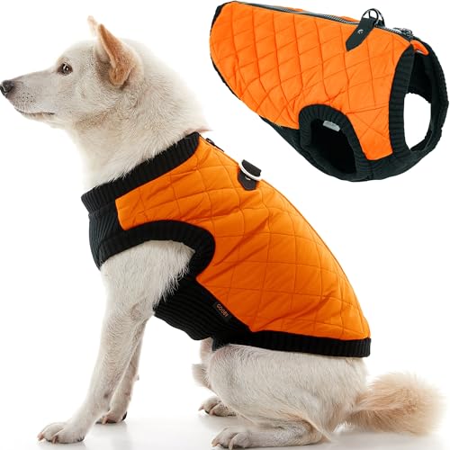 Image of Gooby Fashion Vest Dog Jacket, Orange, Small | Quilted bomber, water-resistant; Stretch knit bottom; Dual D-ring leash; Pain-free zipper guard; Warm