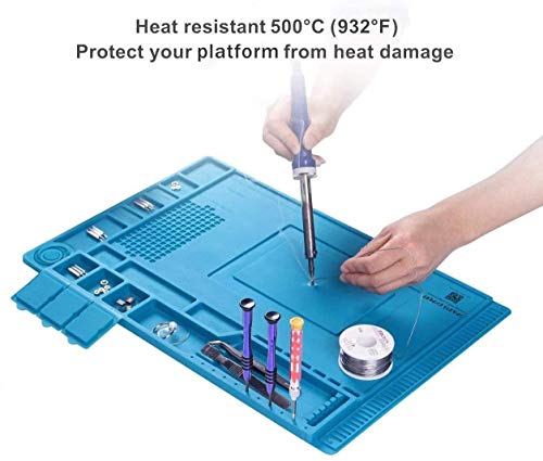 Heat Insulation Silicone Repair Mat with Screwdriver Repair Tool Set and anti-static wrist strap, Tweezer & Scraper for Soldering Iron, Phone and Computer Repair Size:17.7 x 11.8 Inches