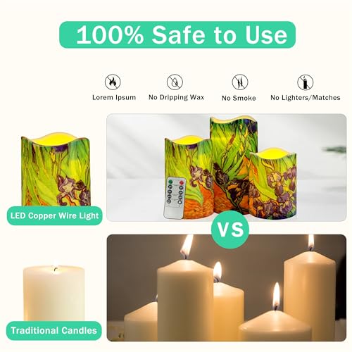 Image of Floral Flameless LED Pillar Candles, 3pcs Van Gogh Irises Battery Operated Flickering Candles with Timer Remote,Decorative Flickering LED Candles for Wedding Mother's Day Home Decor