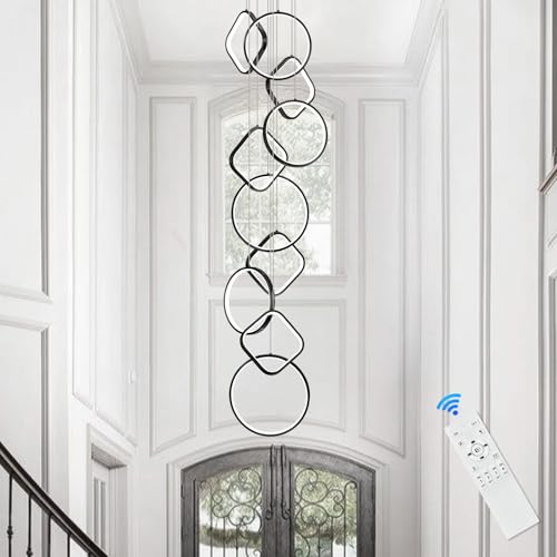 AIRYPHANT Modern LED Chandelier High Ceiling Staircase Chandeliers Foyer Lighting Black 10 Rings Dimmable Remote Control Chandeliers Entryway, 3000K-6500K, Max Suspension Length 98"