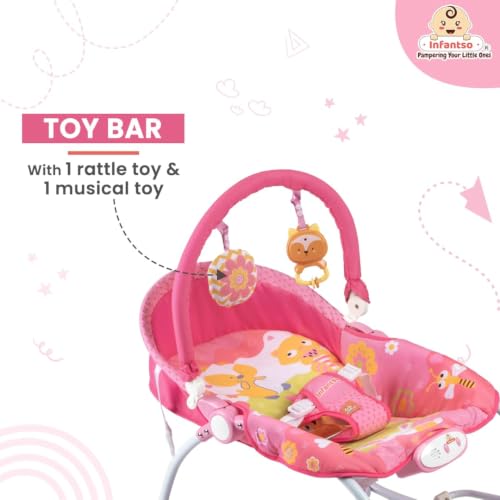 Image of INFANTSO Baby Rocker & Bouncer for 0 to 2 Years, Portable Chair for Newborn with Mosquito Net, Calming Vibrations, Soft Music & Hanging Toys, Adjustable Toddler Swing (Pink)