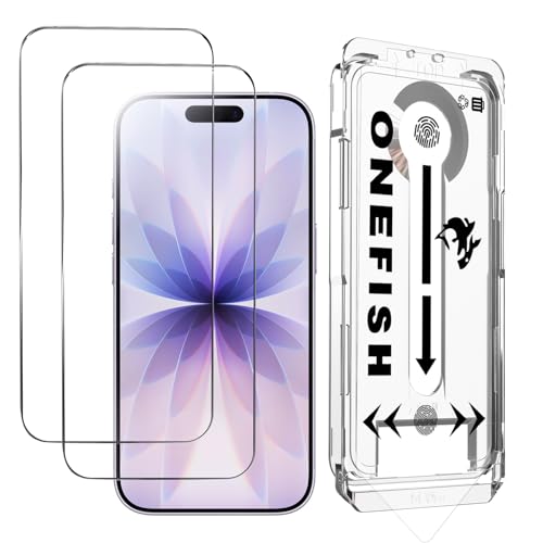 Image of OneFish for iPhone 17 Screen Protector 6.3 inch HD Clear Tempered Glass Full Coverage, 9H Hardness Scratch Resistant, Easy Installation, 2 Pack