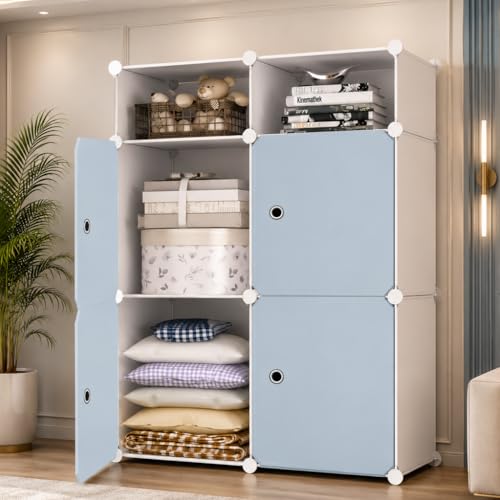 Image of Plastic Wardrobe for Kids Clothes - 4 Door Foldable Cupboard for Bedroom, Baby Clothes Storage Almirah with Doors, Collapsible Wardrobe Kids for Home (E5 Green)