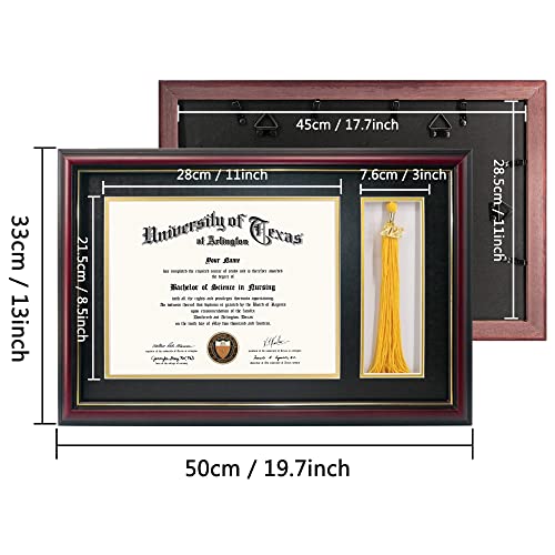 Graduationmall 11X17 Cherry Wood Diploma Frame With Tassel Holder For 8.5X11 Certificate Document,Real Glass,Black Over Gold Mat #TOP3