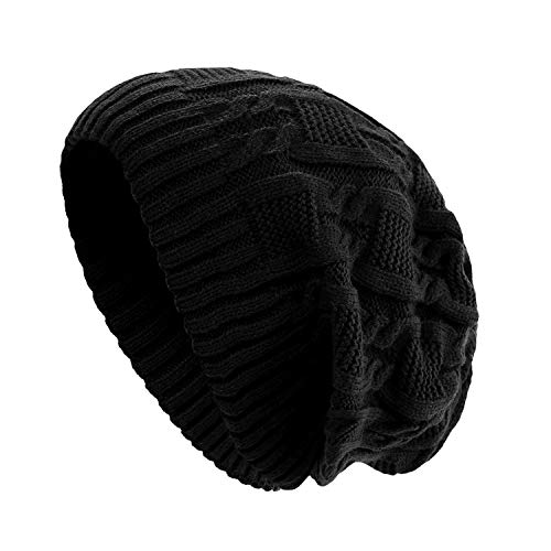 Surblue Unisex Trendy Warm Oversized Chunky Cable Knit Slouchy Beanie,Black,Large