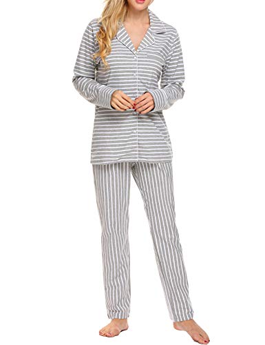 Ekouaer Women's Jersey Knit Sleepwear Long Sleeve Cotton Pajamas Casual Loungewear Pj Set (Grey,XL)