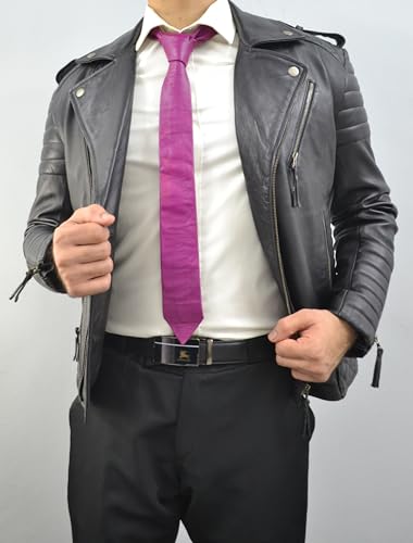 Image of Mens Lamb Leather Necktie - Skinny Solid Casual Business Wear Narrow Leather Slim Tie- Neckties for Party Wedding Gift