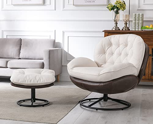 Guyou Swivel Chair With Ottoman, Modern Linen Living Room Lounge Chair Swivel Arm Chair With Footrest Heavy Duty Base Support For Living Room Bedroom Reading Room Home Office (White And Brown) #TOP19