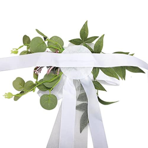 YQYAZL Wedding Aisle Decorations Set of 6 Church Chair Bench Pew Bows for Wedding Ceremony Party Chair Decor with Artificial Flowers Eucalyptus and Ribbons, White(6pcs), 2x2 inch
