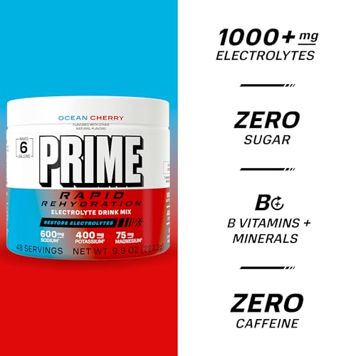 Image of Prime Rapid Rehydration Electrolyte Powder, Ocean Cherry, Sugar Free Hydration Drink Mix with Sodium, Potassium, Magnesium & B Vitamins to Replenish Fluids, Caffeine Free, 6 Gallon Tub, 48 SRV