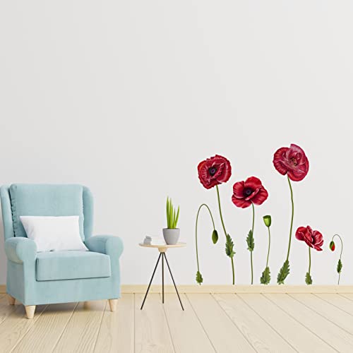 AnFigure Wall Stickers for Living Room, Red Poppy Flower Wall Decals ...