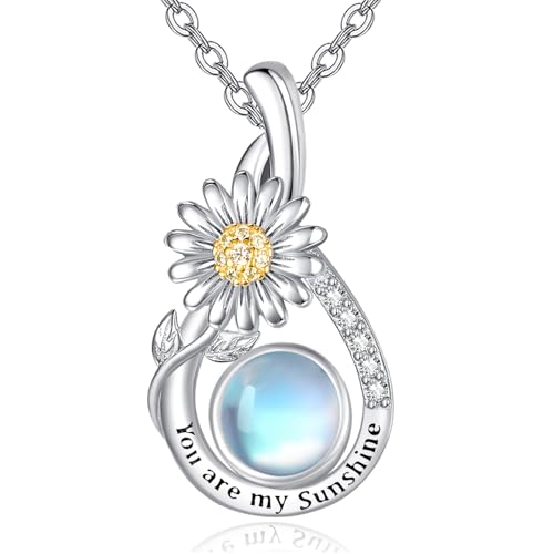 Daisy Sunflower Necklace for Women 925 Sterling Silver You Are My Sunshine Moonstone Pendant Mother's Day Birthday Jewelry Gifts